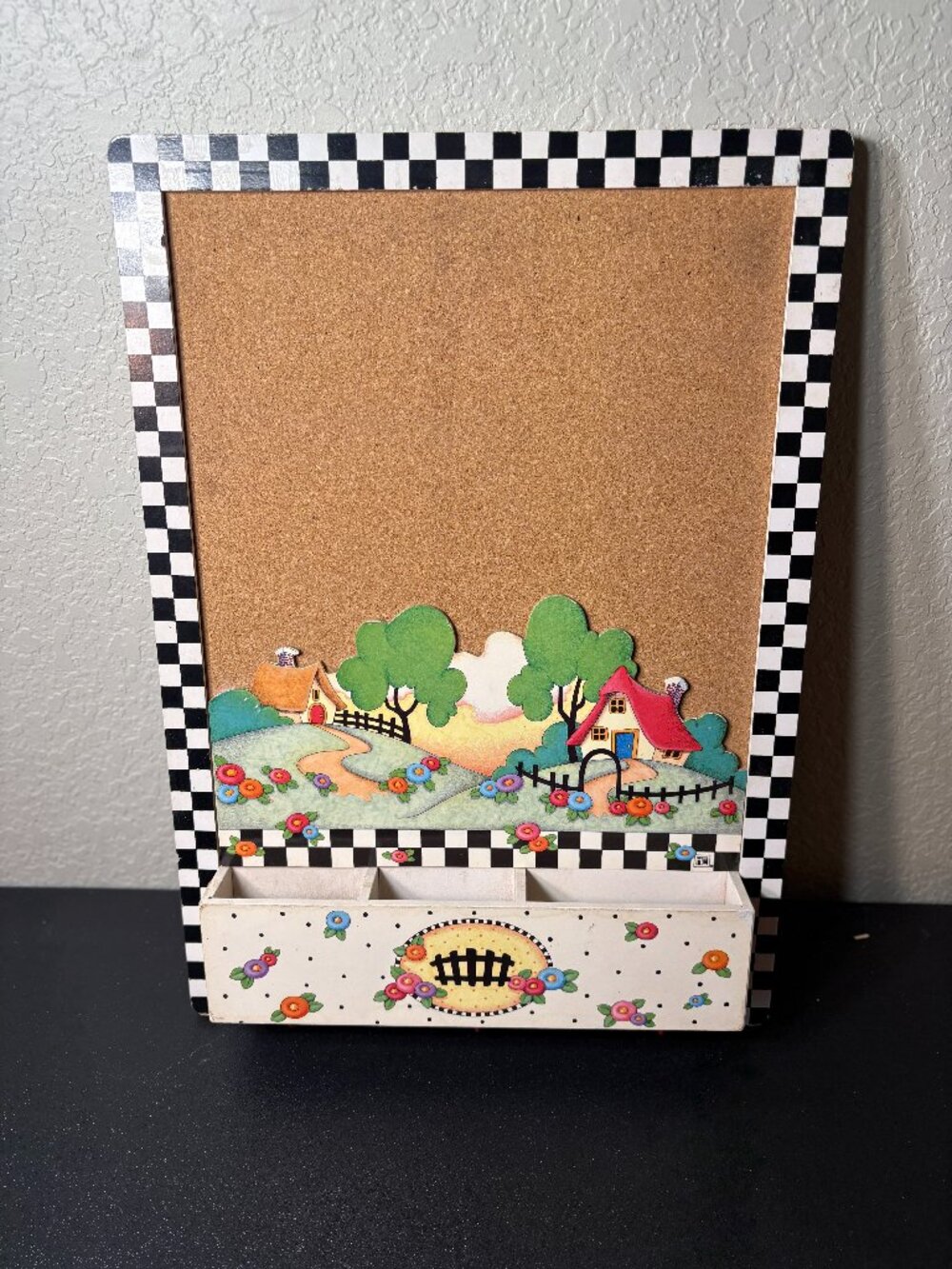 Vintage Mary Engelbreit Cork Board Bulletin Board with 3 Hooks & Cubbys